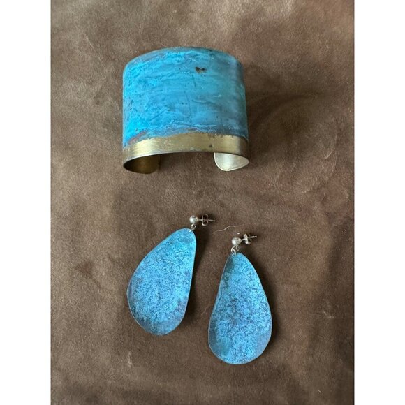 Handmade Wrist Cuff and Matching Earrings Blue and Brass - Picture 5 of 7